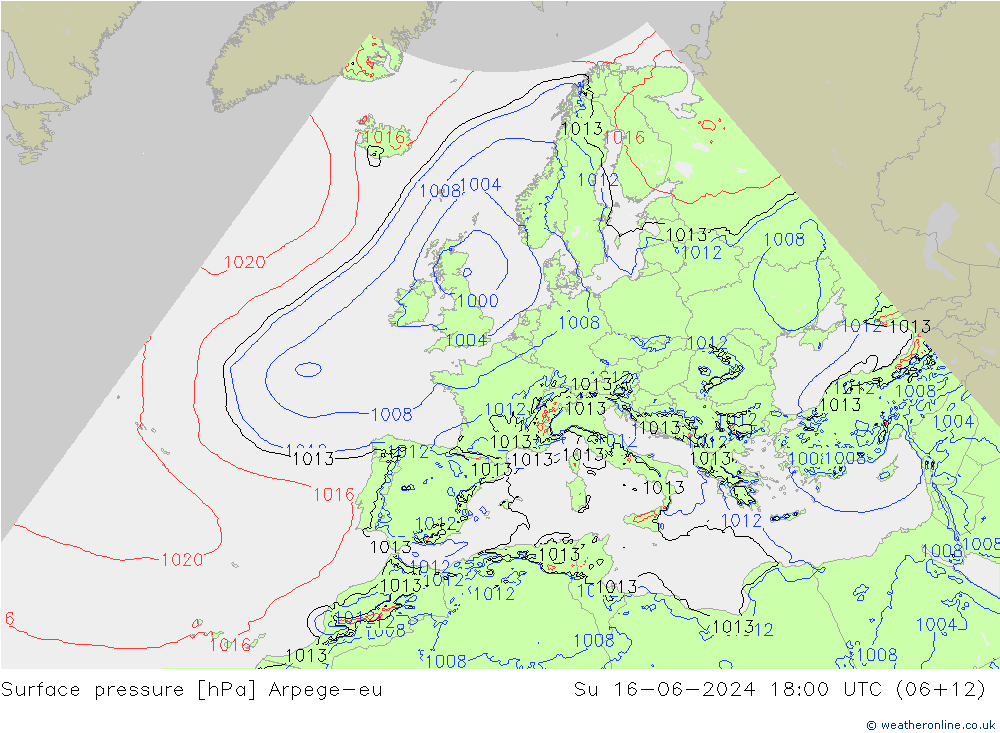 Atmosférický tlak Arpege-eu Ne 16.06.2024 18 UTC