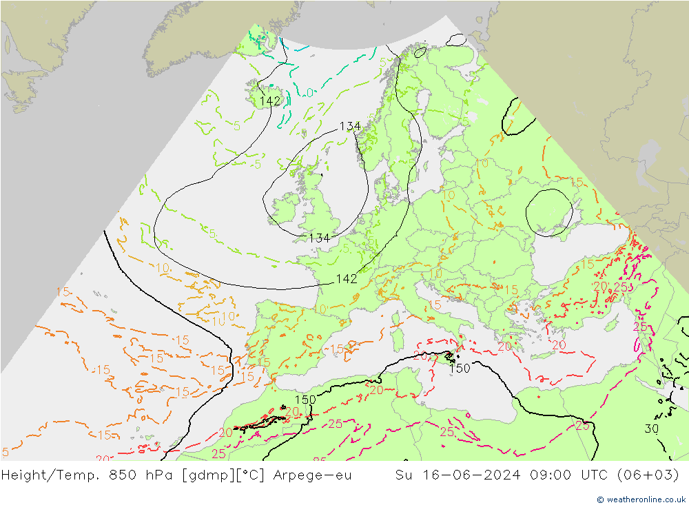 Height/Temp. 850 hPa Arpege-eu 星期日 16.06.2024 09 UTC
