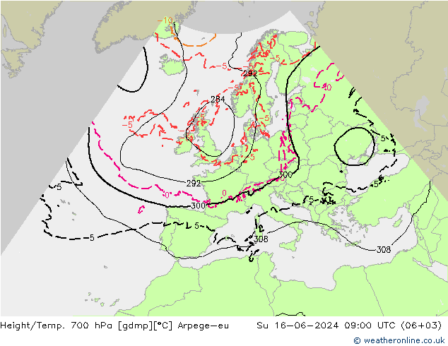 Height/Temp. 700 hPa Arpege-eu So 16.06.2024 09 UTC