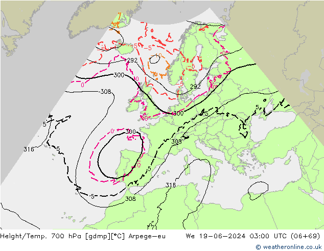 Height/Temp. 700 hPa Arpege-eu  19.06.2024 03 UTC