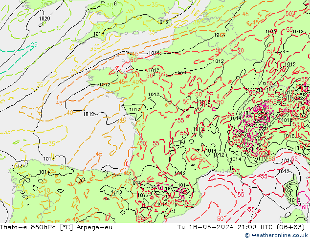 Theta-e 850hPa Arpege-eu Ter 18.06.2024 21 UTC