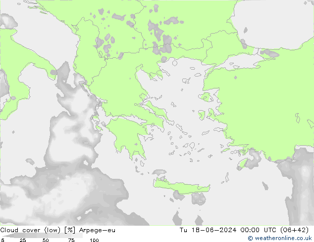 Cloud cover (low) Arpege-eu Tu 18.06.2024 00 UTC