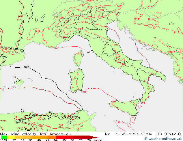 Max. wind velocity Arpege-eu Mo 17.06.2024 21 UTC
