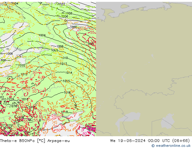 Theta-e 850hPa Arpege-eu mer 19.06.2024 00 UTC