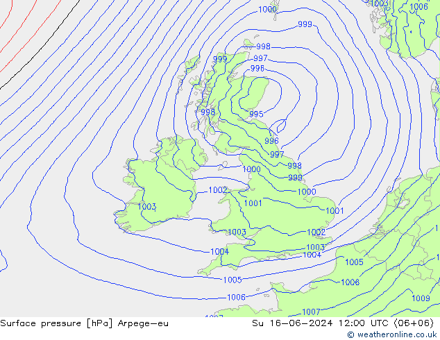 地面气压 Arpege-eu 星期日 16.06.2024 12 UTC