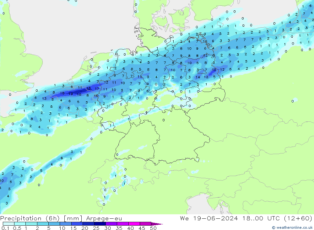 Totale neerslag (6h) Arpege-eu wo 19.06.2024 00 UTC