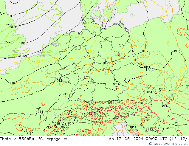 Theta-e 850hPa Arpege-eu Mo 17.06.2024 00 UTC