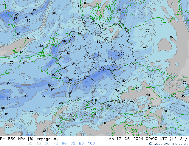 RH 850 hPa Arpege-eu 星期一 17.06.2024 09 UTC