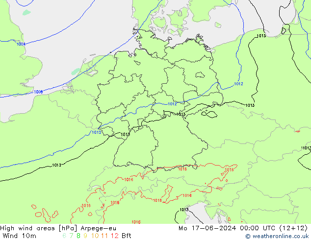 High wind areas Arpege-eu Mo 17.06.2024 00 UTC