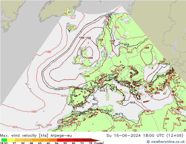 Max. wind snelheid Arpege-eu zo 16.06.2024 18 UTC