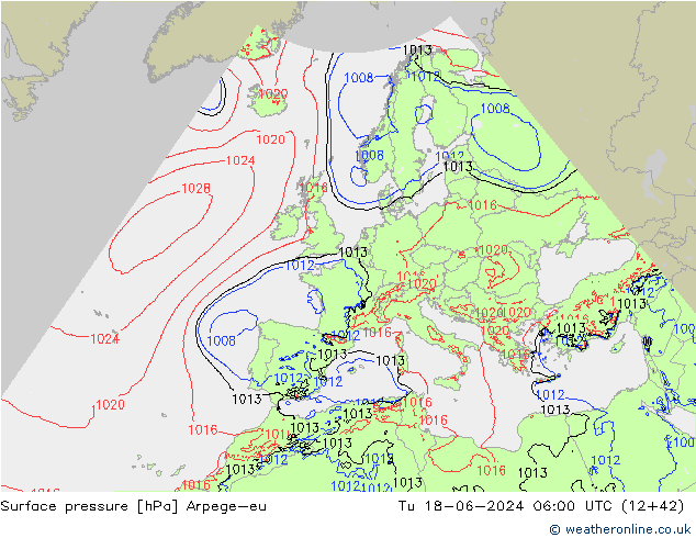 Surface pressure Arpege-eu Tu 18.06.2024 06 UTC