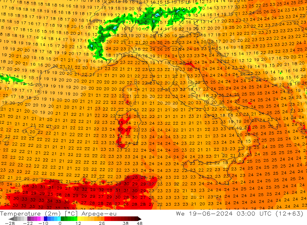 Sıcaklık Haritası (2m) Arpege-eu Çar 19.06.2024 03 UTC