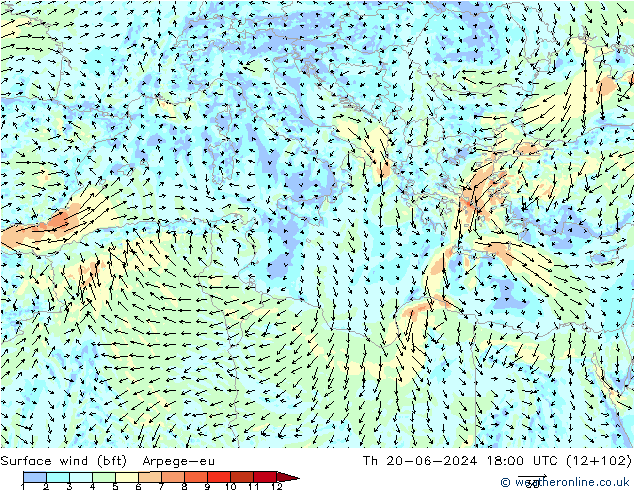 Surface wind (bft) Arpege-eu Th 20.06.2024 18 UTC