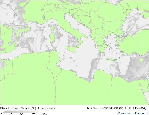 Cloud cover (low) Arpege-eu Th 20.06.2024 00 UTC