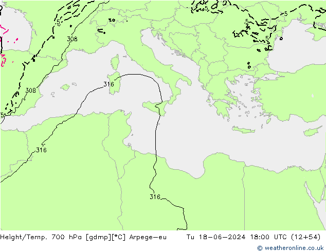 Height/Temp. 700 гПа Arpege-eu вт 18.06.2024 18 UTC