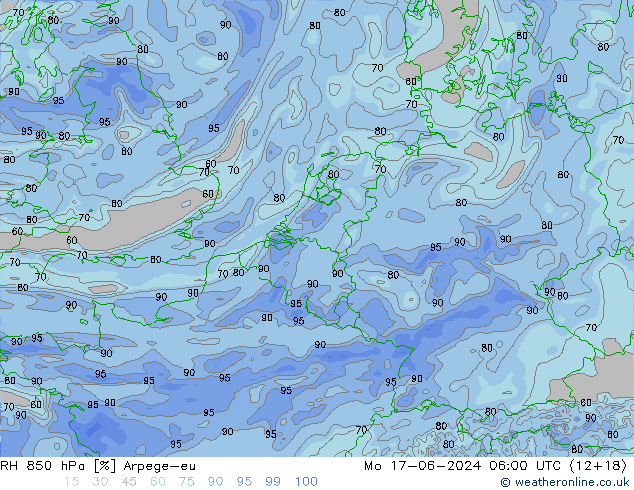 Humidité rel. 850 hPa Arpege-eu lun 17.06.2024 06 UTC