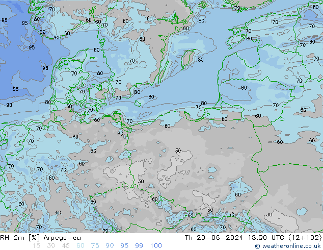 Humedad rel. 2m Arpege-eu jue 20.06.2024 18 UTC