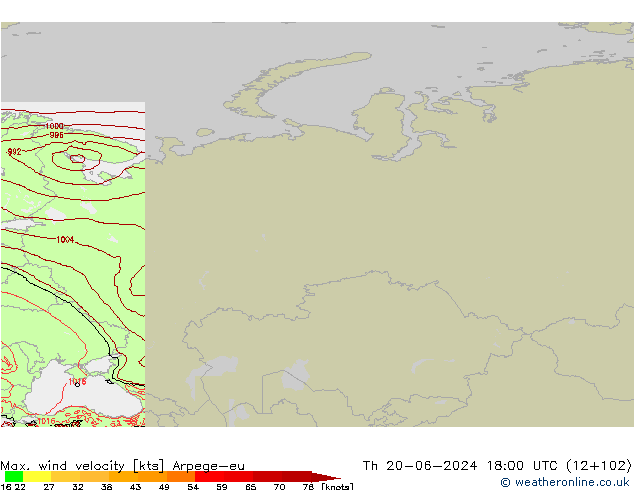 Max. wind velocity Arpege-eu Th 20.06.2024 18 UTC