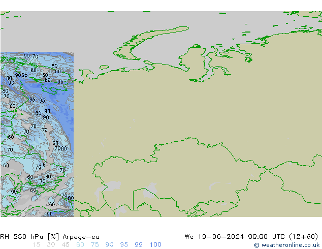 RH 850 гПа Arpege-eu ср 19.06.2024 00 UTC
