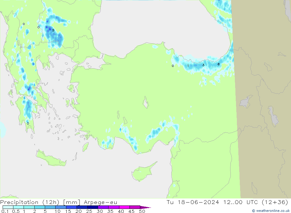 Precipitation (12h) Arpege-eu Tu 18.06.2024 00 UTC