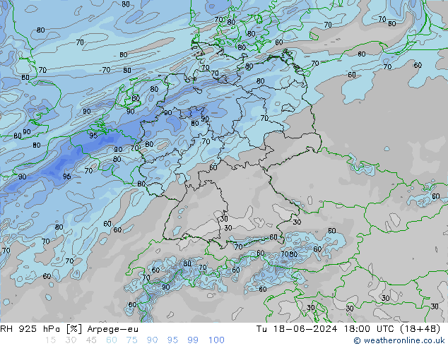 RH 925 hPa Arpege-eu Tu 18.06.2024 18 UTC