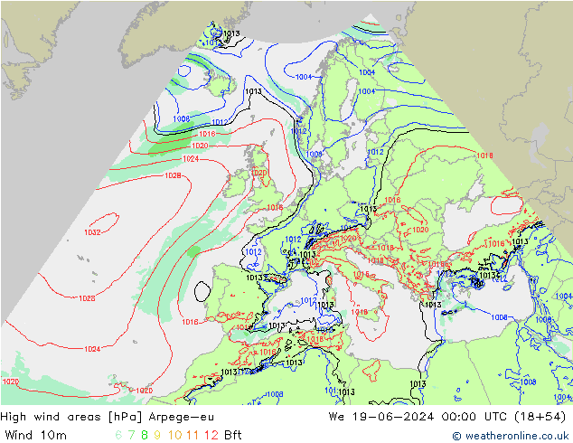 High wind areas Arpege-eu We 19.06.2024 00 UTC