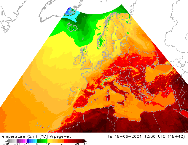 Temperature (2m) Arpege-eu Tu 18.06.2024 12 UTC