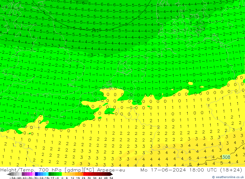 Height/Temp. 700 hPa Arpege-eu  17.06.2024 18 UTC