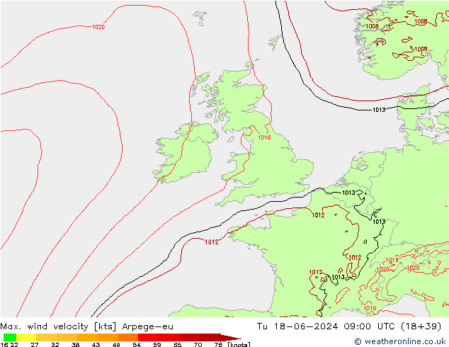 Max. wind velocity Arpege-eu mar 18.06.2024 09 UTC