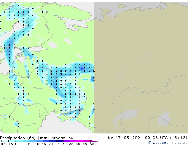 осадки (6h) Arpege-eu пн 17.06.2024 06 UTC