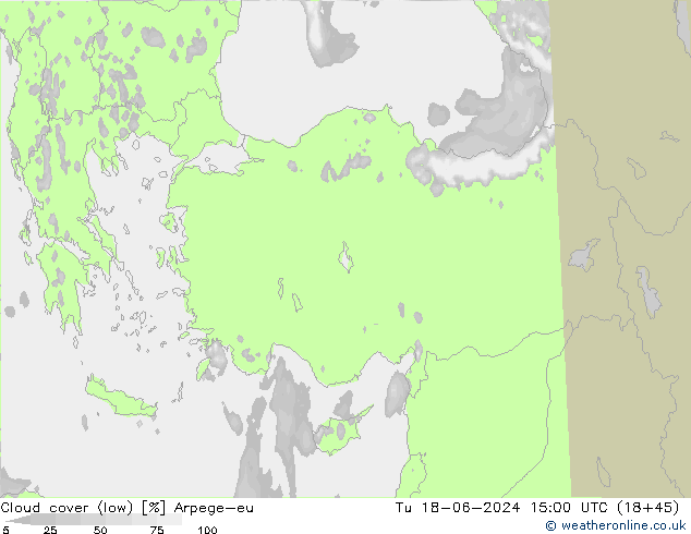 Cloud cover (low) Arpege-eu Tu 18.06.2024 15 UTC