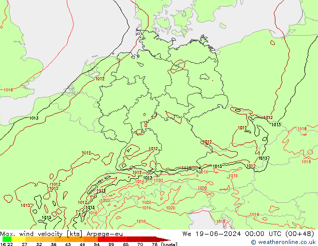 Max. wind velocity Arpege-eu Qua 19.06.2024 00 UTC
