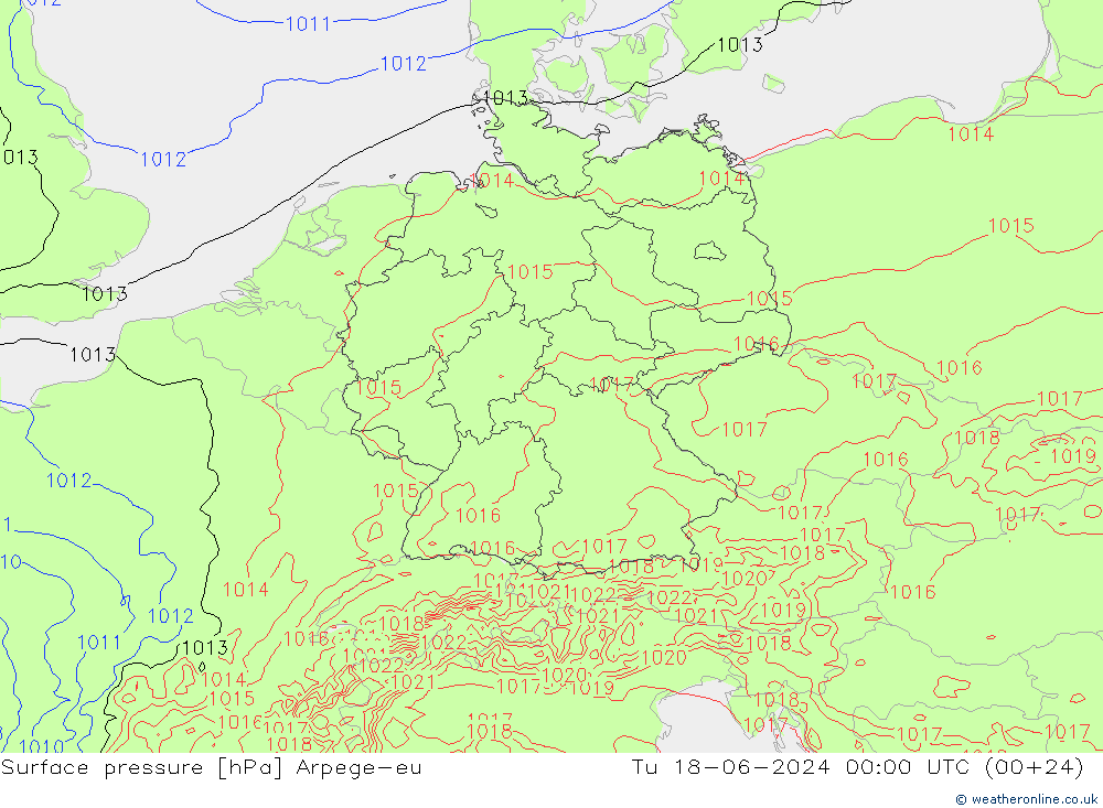 地面气压 Arpege-eu 星期二 18.06.2024 00 UTC