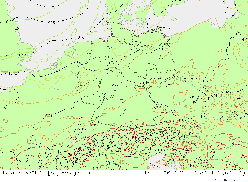 Theta-e 850hPa Arpege-eu Mo 17.06.2024 12 UTC
