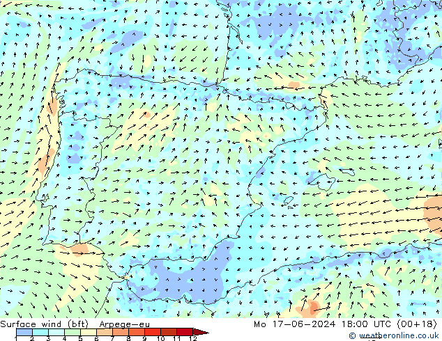 Surface wind (bft) Arpege-eu Mo 17.06.2024 18 UTC