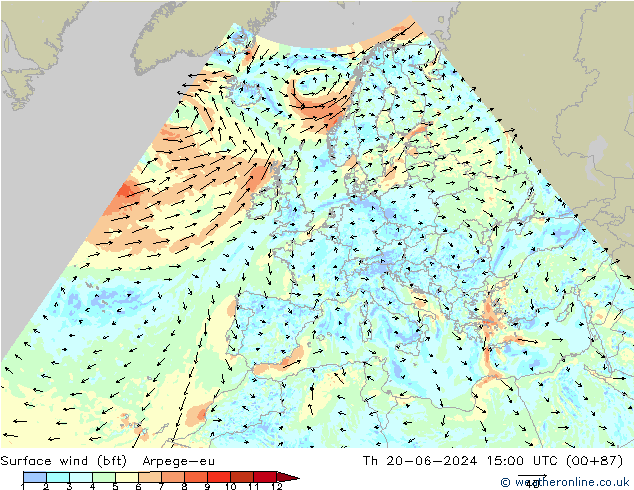 Surface wind (bft) Arpege-eu Th 20.06.2024 15 UTC