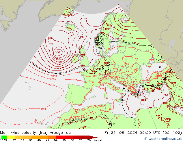 Max. wind velocity Arpege-eu ven 21.06.2024 06 UTC