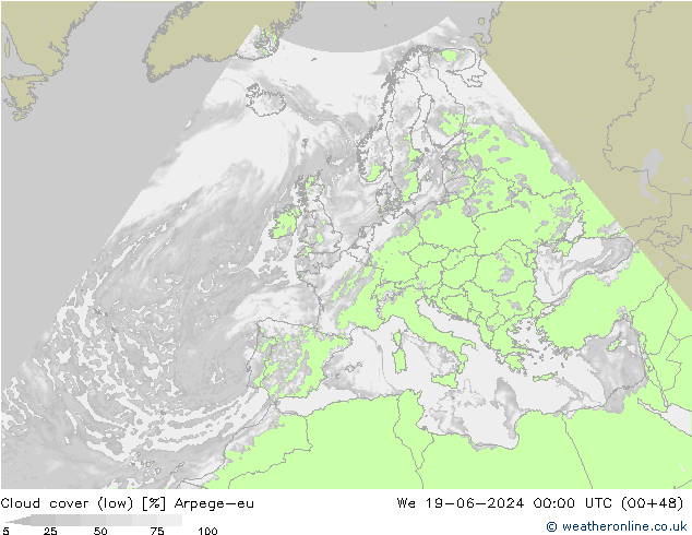 Cloud cover (low) Arpege-eu We 19.06.2024 00 UTC