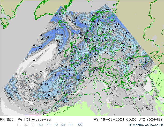 Humidité rel. 850 hPa Arpege-eu mer 19.06.2024 00 UTC