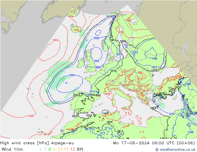 High wind areas Arpege-eu 星期一 17.06.2024 06 UTC