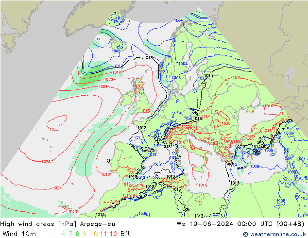 yüksek rüzgarlı alanlar Arpege-eu Çar 19.06.2024 00 UTC