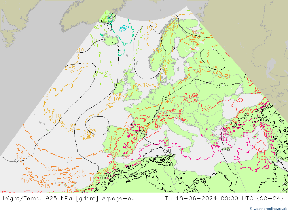 Height/Temp. 925 hPa Arpege-eu Di 18.06.2024 00 UTC