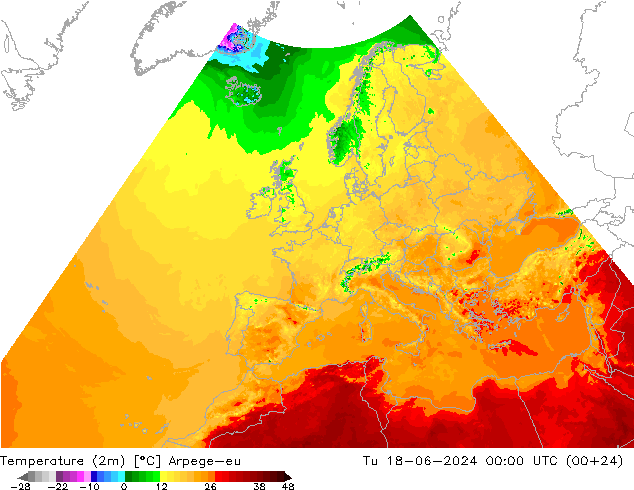 Temperatuurkaart (2m) Arpege-eu di 18.06.2024 00 UTC