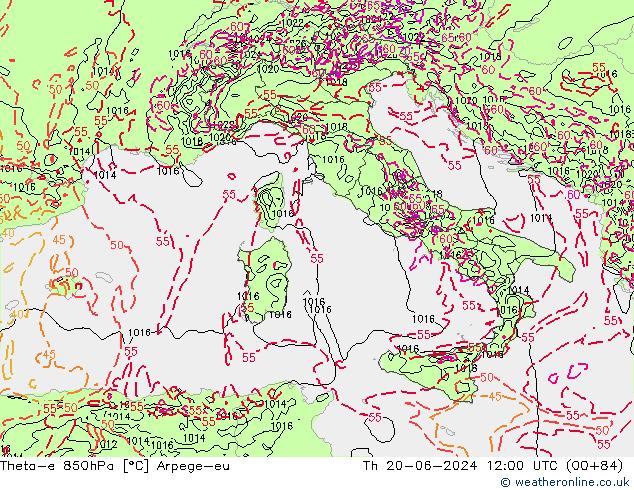 Theta-e 850hPa Arpege-eu czw. 20.06.2024 12 UTC