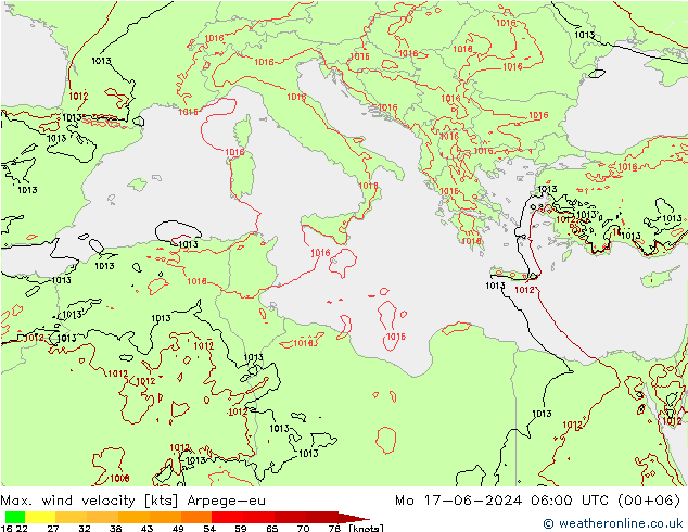 Max. wind velocity Arpege-eu пн 17.06.2024 06 UTC