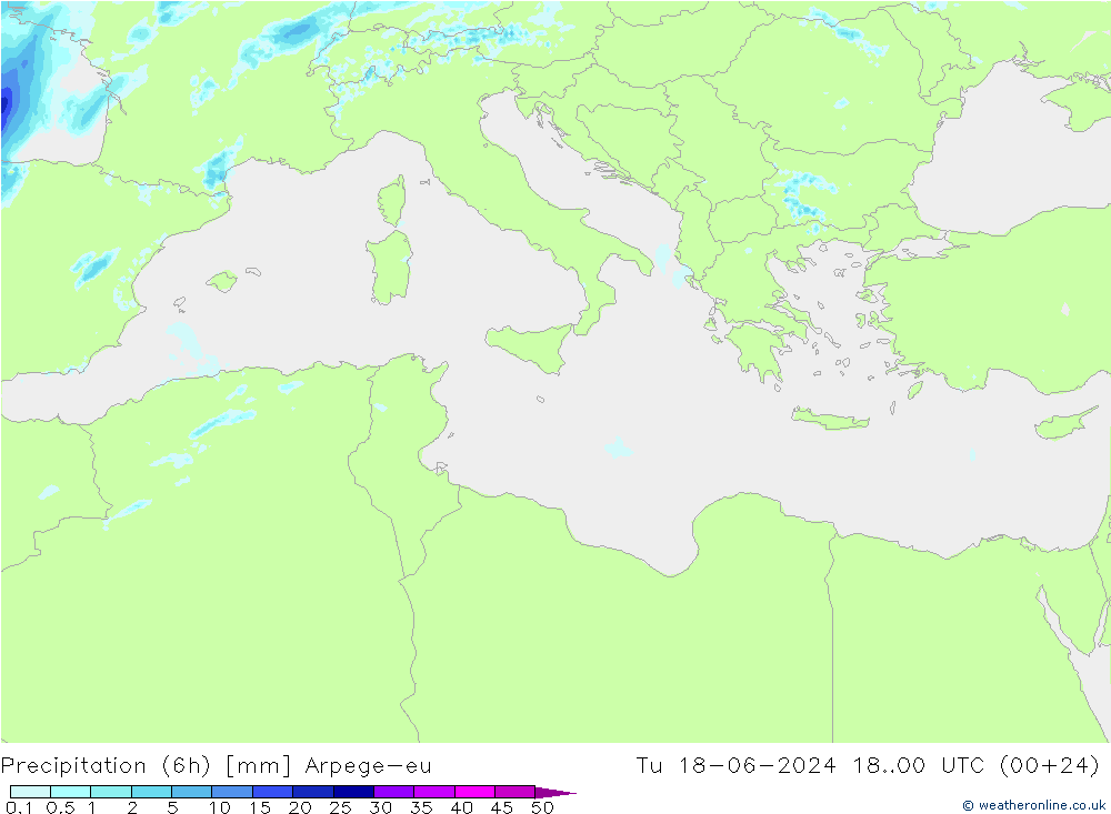 Precipitazione (6h) Arpege-eu mar 18.06.2024 00 UTC