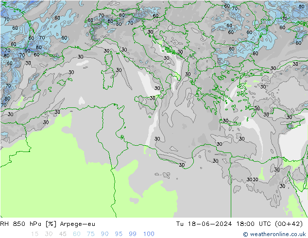 RH 850 гПа Arpege-eu вт 18.06.2024 18 UTC