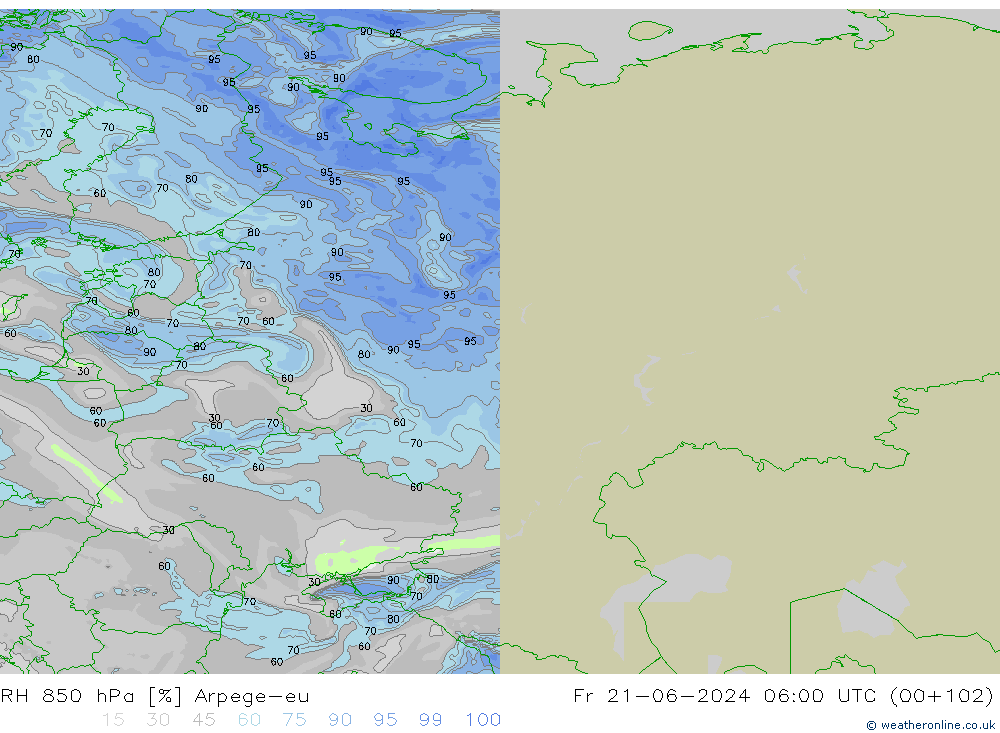 Humidité rel. 850 hPa Arpege-eu ven 21.06.2024 06 UTC
