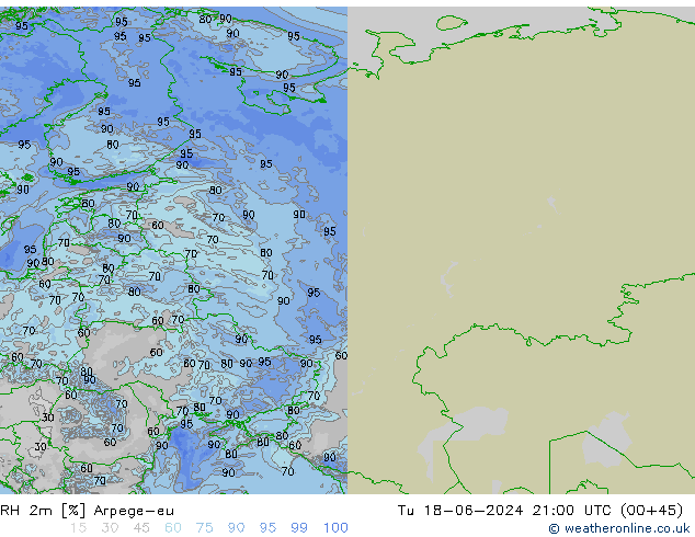 RH 2m Arpege-eu Tu 18.06.2024 21 UTC