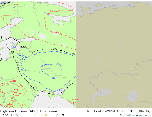 High wind areas Arpege-eu пн 17.06.2024 06 UTC